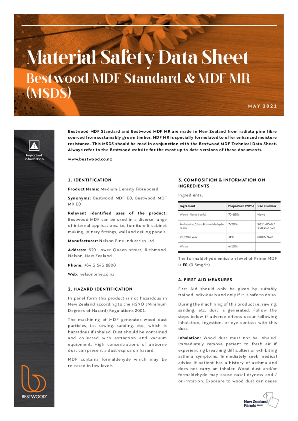 Bestwood MDF Standard and MDF MR MSDS