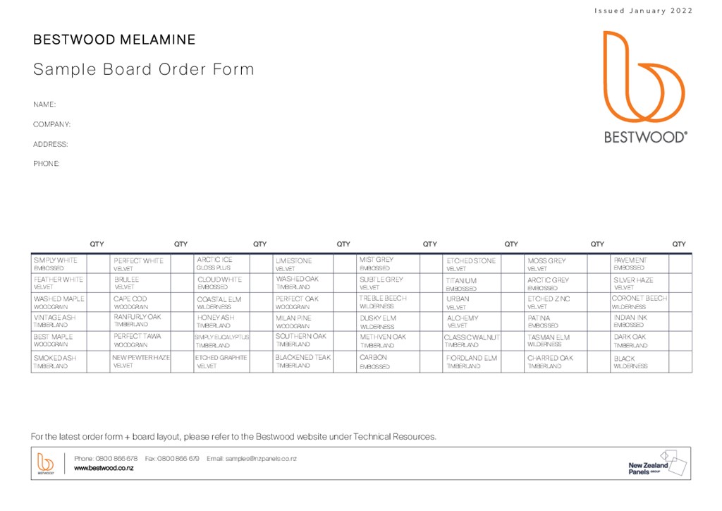 Bestwood Melamine Board Order Form
