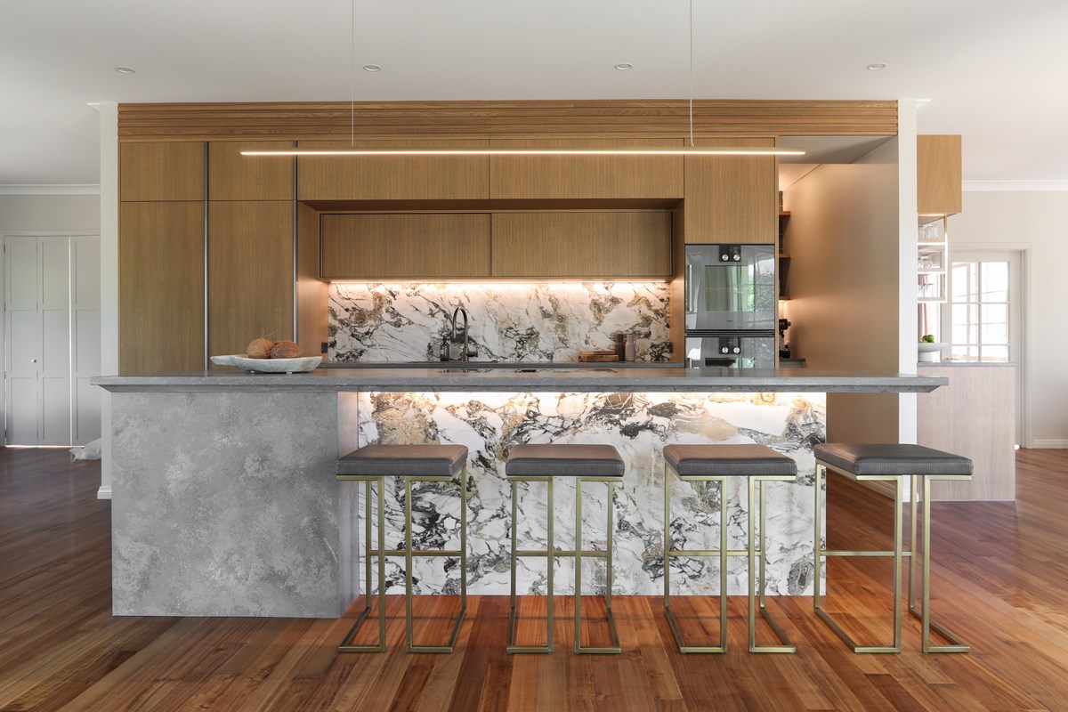 wide angle of veneer kitchen with grey and warm tones