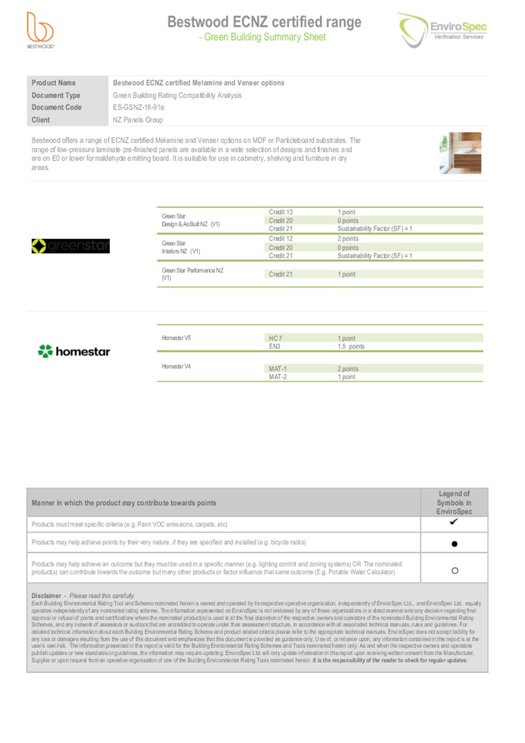 Envirospec GreenStar Summary for Veneer and Melamine