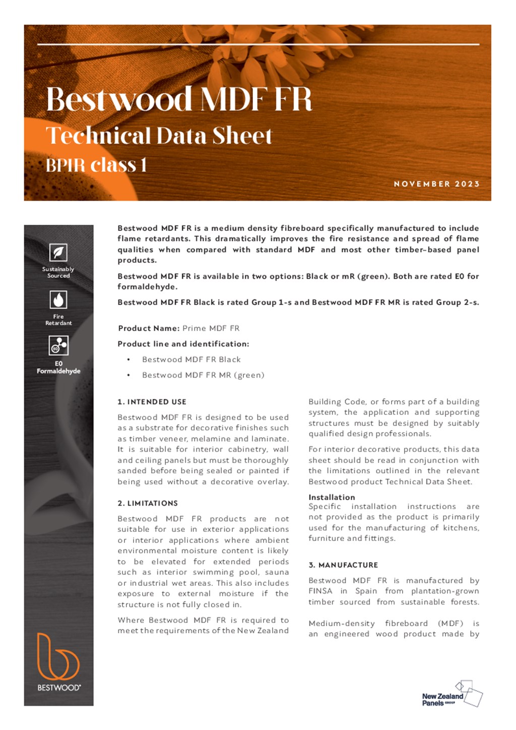 Bestwood MDF FR Technical Data Sheet / BPIR