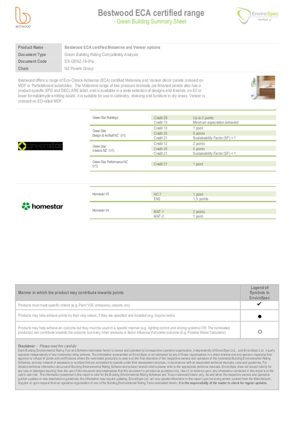 Envirospec GreenStar Summary for Veneer and Melamine